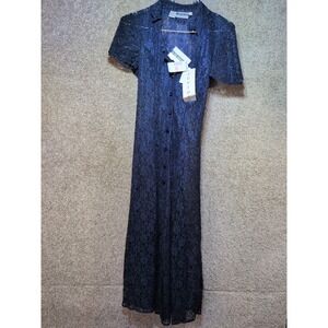 Joni Blair Navy Blue Floral Lace Button Front Maxi Duster Dress NWT 7/8